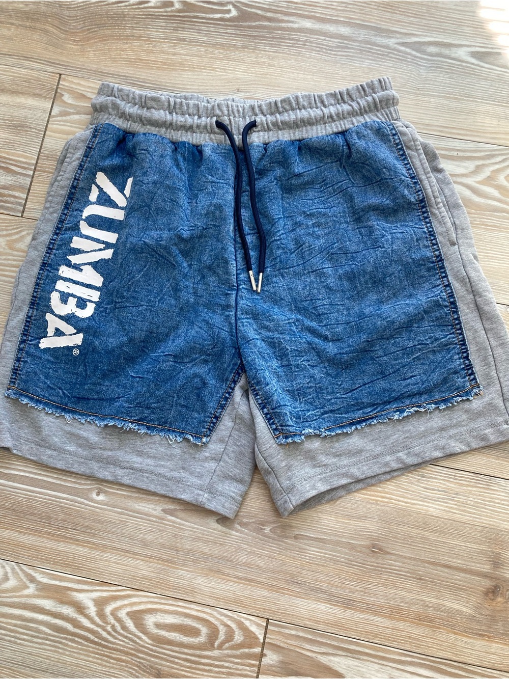 Zumba Wear Blue Denim-Style and Heather Gray Drawstring Athletic Shorts Small